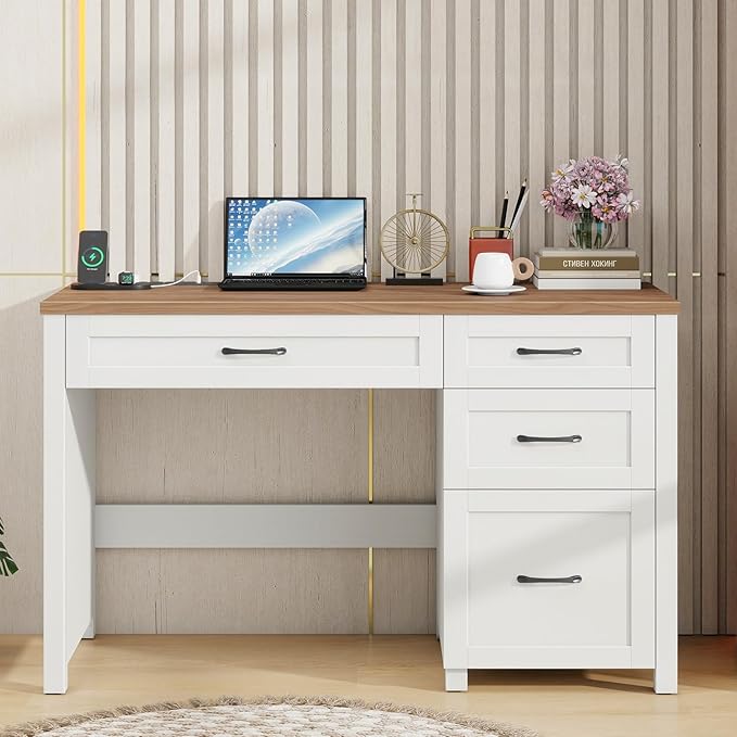 Vabches Farmhouse 47 Executive Desk Computer Desk with File Drawer and Charging Station Workstation for Home Office &amp Study（Off White