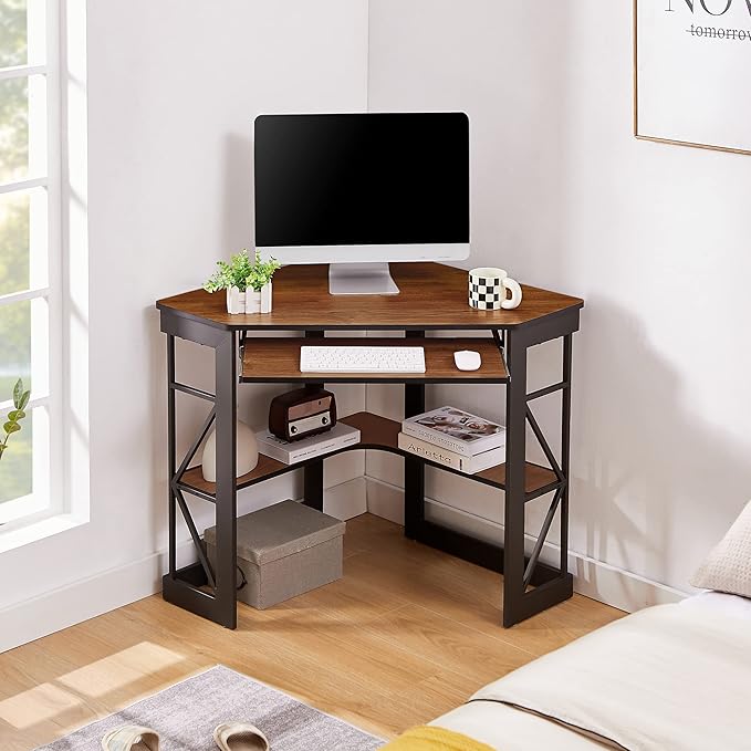VECELO Corner Computer Desk 41 x 30 inches with Smooth Keyboard &amp Storage Shelves for Home Office Workstation Teak
