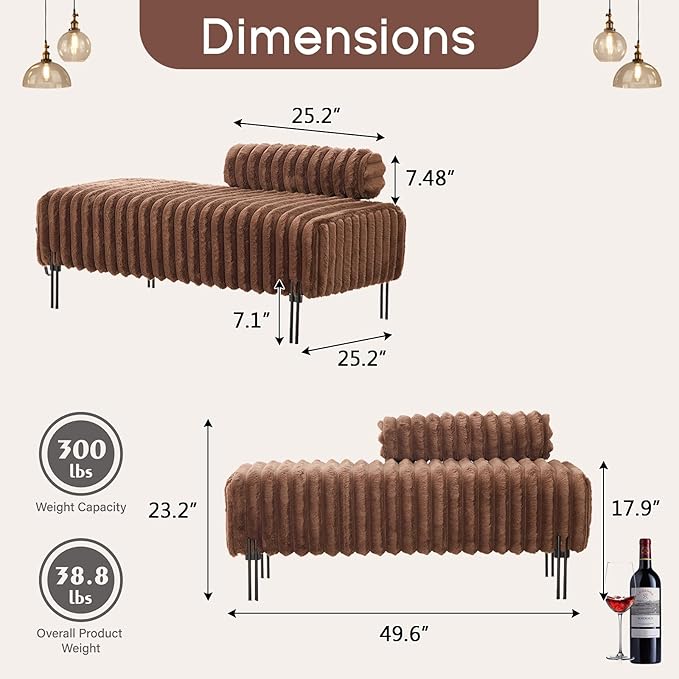 NIOIIKIT 49.6 Modern Loveseat Sofa Couch Upholstered Accent Sofa with Golden Legs and Adjustable Backrest Small Faux Fur Couches for Bedroom Living Room Compact Small Space (Brown)