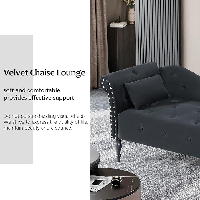 60 Modern Velvet Chaise Lounge Indoor Upholstered Chair with Left Armrest and Lumbar Pillow Button Tufted Lounge Sofa for Living Room Bedroom Office Mini Chaise Longue Sofa (Black)