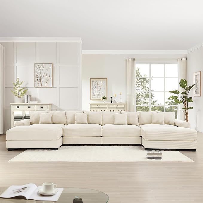 168 Corduroy Sectional Couches for Living Room Beige Comfortable Oversized Sectional Sofa Set with Deep Seat Large 4 Seater with 2 Ottoman Sofas para Sala U Shaped Couch with Chaise Lounge