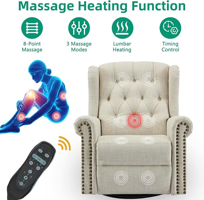 VIVIJASON Power Swivel Rocking Recliner Chair with Massage &amp Heat Electric Rocker Nursery Glider Chair Wingback Tufted Upholstered Recliner W/Type-C &amp USB Ports for Living Room Bedroom Bei