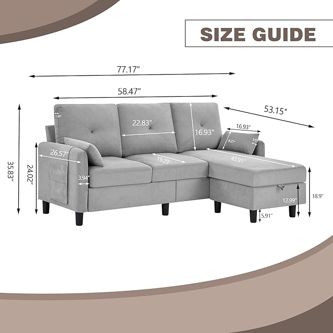 77 Convertible Sectional Sofa Couch Modern 3-Seat L-Shaped Couch with Reversible Ottoman and Storage Pocket Small Sectional Couches for Living Room Apartment and Small Spaces Light Grey