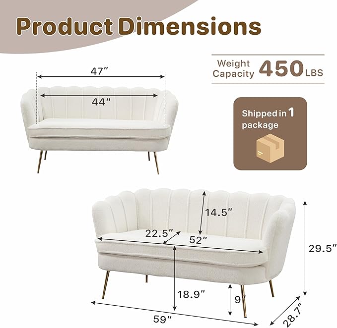 Mlmh &amp Kngwa Sherpa Boucle 2-Seater Sofa 59 Loveset Settee with Gold Metal Legs Comfy Upholstered Floral Mini Couch Sofa for Bedroom Living Room Apartment Ivory