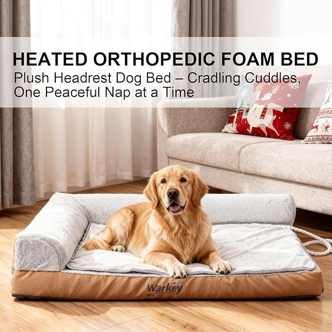 Heated Dog Bed Medium Sized Dog Heated Pet Bed Waterproof Cover Medium Orthopedic Dog Sofa Bed Memory Foam with Pet Heating Pad - 27.95x23.2x6.3in