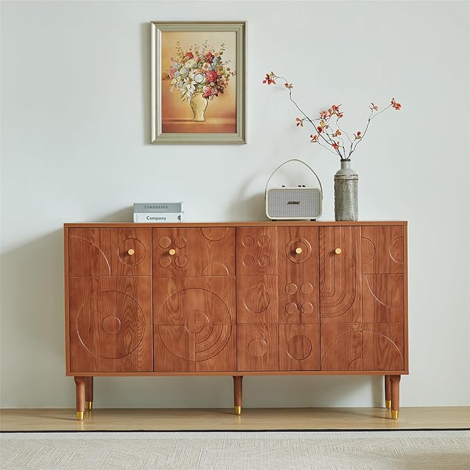Modern TV Stand for 65 inch TV 59 Entertainment Center with Carved Geometric Doors TV Console with 4 Cabinet Storage Retro Art-Inspired Media Console for Living Room/Bedroom - Walnut