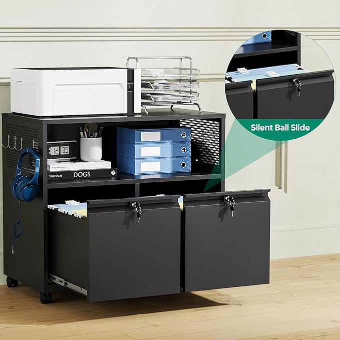 Letaya Mobile 2 Drawer File Cabinet with Lock Metal Lateral Printer Stand Filing Storage Cabinets with Shelves for Home Office-A4/F4/Letter (Black)