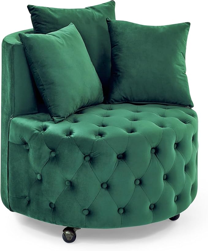 YAFF Velvet Upholstered Swivel Chair for Living Room with Button Tufted Design and Movable Wheels Including 3 Pillows Green-768