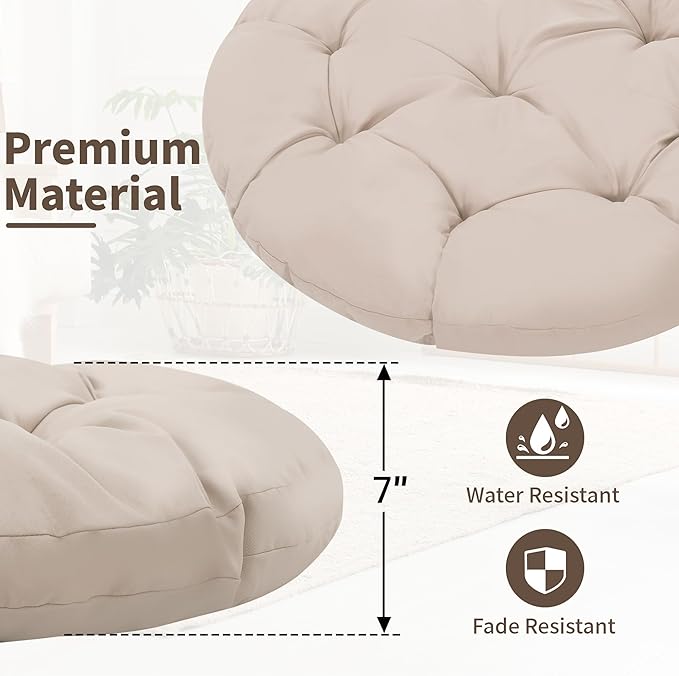 46 Giant Oversized Ergonomic Rattan Papasan Chair with Soft Thick Cushion for Adults Fluid 360° Swivel Waterproof Black Frame with Beige Cushion