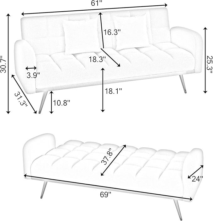 Convertible Futon Loveseat Couch Reversible Loveseat Folding Daybed Guest Bed Tufted Teddy Fleece Upholstered Convertible Sleeper Sofa Bed with Golden Metal Legs and 2 Pillows for Living Room Office