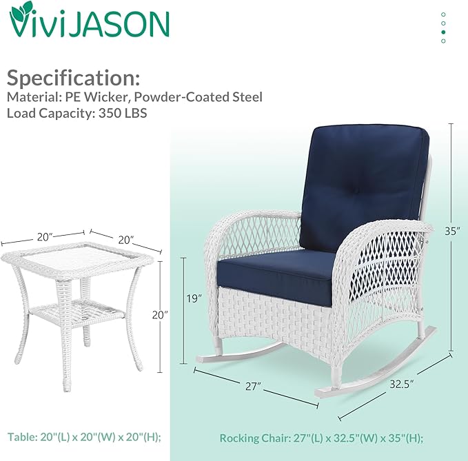 VIVIJASON 3-Piece Outdoor Conversation Bistro Set Patio Wicker Rocking Chairs Rattan Furniture Sets w/ 2 Rattan Chairs Cushions Glass Top Side Table for Garden Porch Backyard (White/Navy Blue)