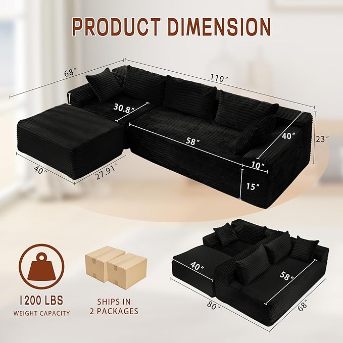 110 L-Shaped Modular Sectional Sofa with Chaise Boneless Comfy Corduroy Fluffy Couch with Deep Seat and Side Pockets Flexible Module Combination for Living Room No Assembly Side Pockets