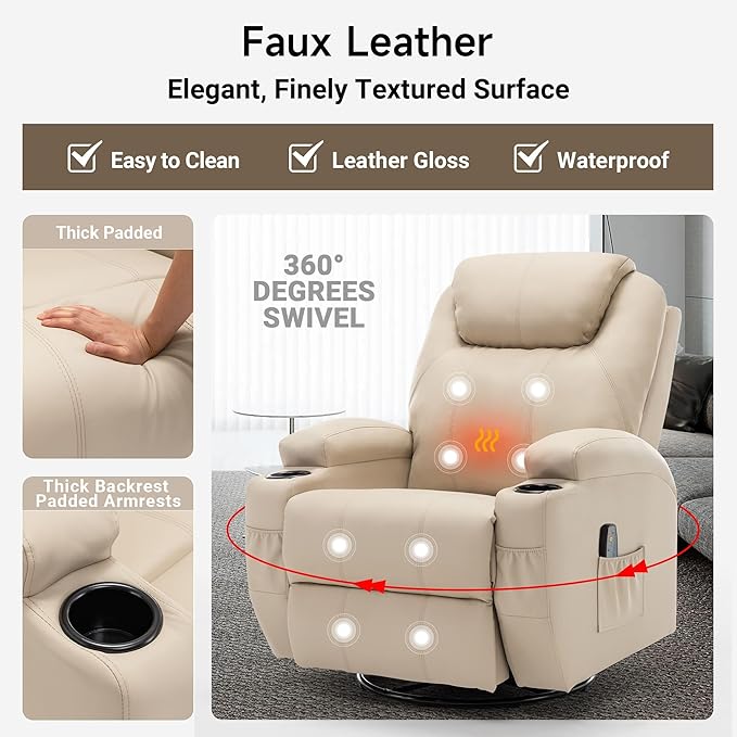 Recliner Chair Rocking Chair with Massage and Heat 360° Swivel Recliner Chairs for Adults Rocker Manual Recliner with Remote Control and Cup Holder for Living Room Bedroom Nursery