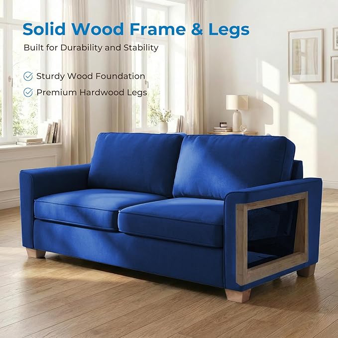 Mjkone 71 Width Full Size Pull Out Sofa Bed Sleeper Couch with Pillows and Folding Mattress 2 in 1 Velvet Loveseat Sleeper Sofa with Pull Out Couch Beds for Home Living Room Small Spaces Blue
