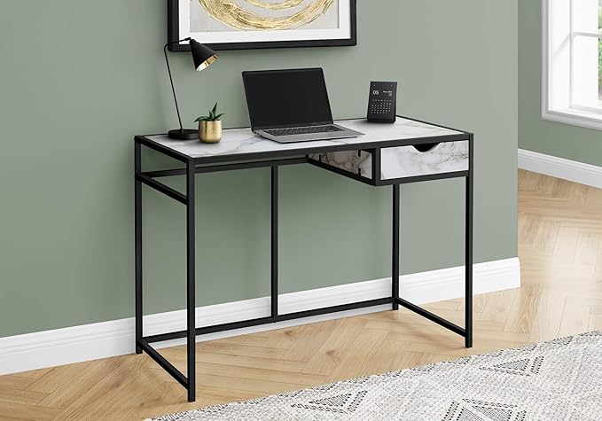 Computer Desk Home Office Laptop Storage Drawer 42 l Work White Marble Look Laminate Black Metal Contemporary Modern