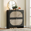 Nicetree Rattan Arched Accent Shoe Cabinet - Freestanding Ultra Slim for Entryway 2 Flip Drawers &amp 3-Tier Adjustable Shelves Farmhouse Modern Rustic Shoe Rack for Hallway Foyer Black