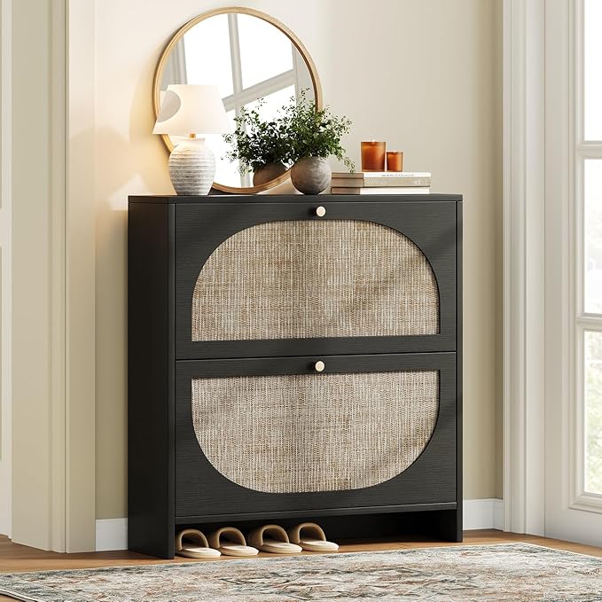 Nicetree Rattan Arched Accent Shoe Cabinet - Freestanding Ultra Slim for Entryway 2 Flip Drawers &amp 3-Tier Adjustable Shelves Farmhouse Modern Rustic Shoe Rack for Hallway Foyer Black