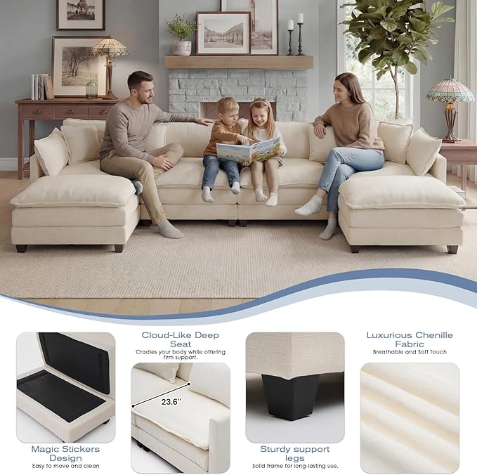 113.4 U-Shaped Modular Sectional Sofa with Ottoman Comfy Cloud Couch with Deep Seat (23.6 D) Solid Wood FrameBeige/Gray/Blue/Black for Living Room Small Apartment (Beige 3 Seat)