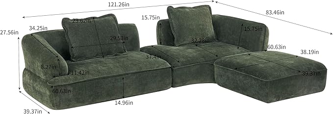 Merax 121 L-Shaped Sectional Sofa with Chaise Lounge No Assembly Required 2-Piece Set Modern 4 Seat Sofa for Living Room Soft Upholstery 32 Deep Seating (Green)