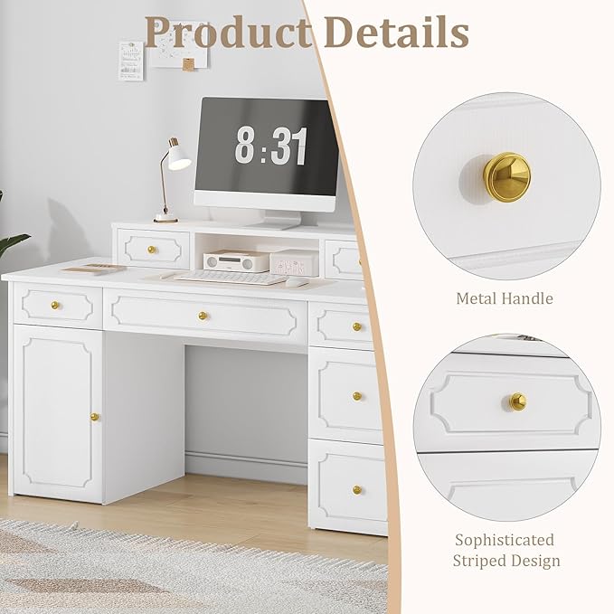 Catrimown White Desk with 7 Drawers 54 Inch Computer Desk with Cabinet for Work Writing Study Vanity Desk with Golden Handle for Girls Bedroom