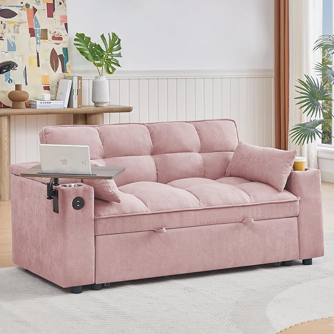 65'' 3-in-1 Folding Convertible Sofa Bed Queen Size Pullout Sofa Modern Chenille Fabric 360° Swivel Side Table Easy Assembly Perfect for Living Room