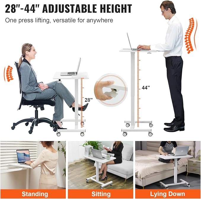 VEVOR Mobile Standing Desk 28-44 Gas-Spring Height Adjustable Sit-Stand Desk 4 360° Swivel Wheels (2 Lockable) Portable Rolling Laptop Table Computer Cart for Home Office School 40LBS Loading