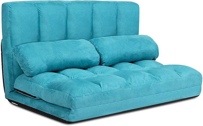 DORTALA Foldable Floor Sofa 6-Position Adjustable Lounge Couch with 2 Pillows &amp Suede Cloth Cover Modern Lounge Mattress Video Gaming Lazy Couch Suede Floor Seating Sofa 71 x 44.5 Blue