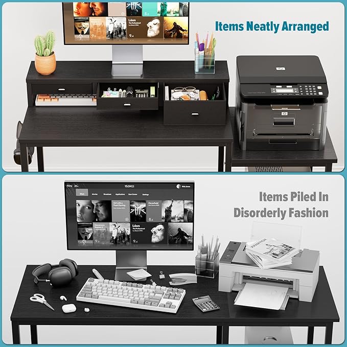 SINPAID 47 inch Computer Desk with Printer Shelf Gaming Desk with Monitor Stand and Drawers Reversible Home Office Desk with Storage Shelves and 2 Hooks Home Workstation for Study Writing Black