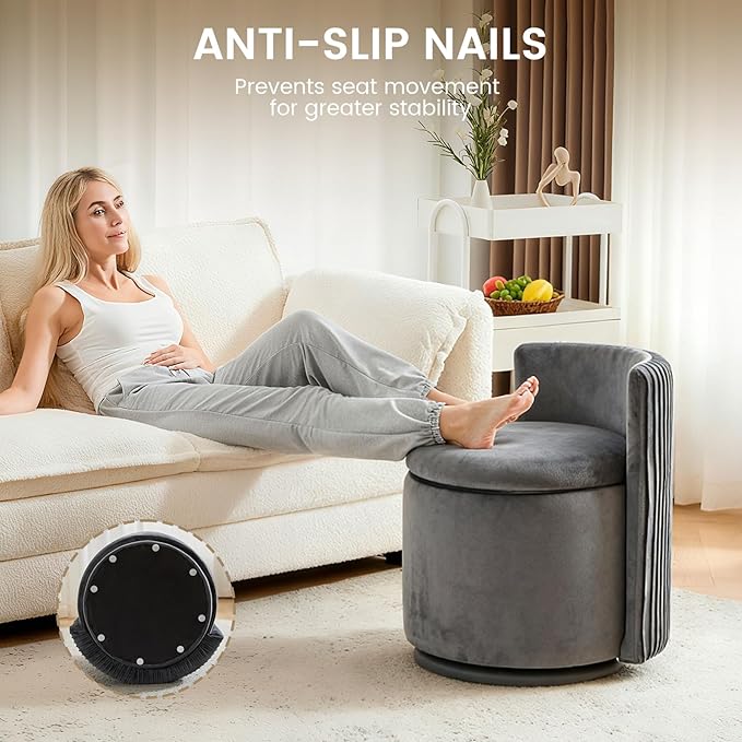Velvet Vanity Chair with Storage 360° Swivel Round Storage Ottoman with Pillows No Assembly Modern Comfy Makeup Stool for Bedroom Dressing Living Room (Grey)