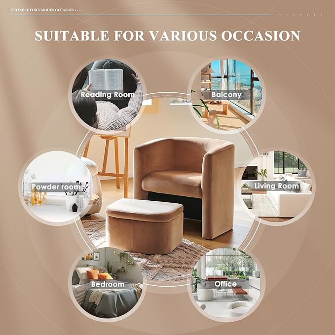 Velvet Accent Chair with Storage Ottoman No Assembly Upholstered Side Chair Morden Comfortable Living Room Armchairs for Bedroom/Reading Spaces Khaki