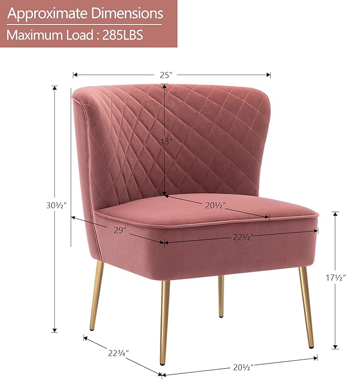DUHOME Velvet Accent Chair Armless Slipper Vanity Makeup Chair with Back Upholstered Sofa Chair with Golden Legs Barrel Chair for Living Room Bedroom Pink