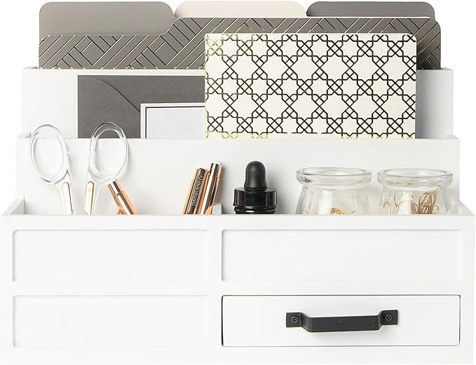 BLU MONACO | White Desktop Organizer with Drawer Storage | Tabletop Organizer with Drawers for Paper Bills Mail | Wooden Mail Organizer for Countertop Workspace | with Drawer Bill