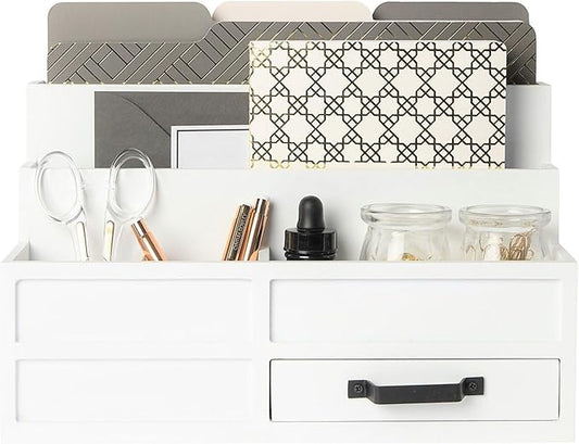 BLU MONACO | White Desktop Organizer with Drawer Storage | Tabletop Organizer with Drawers for Paper Bills Mail | Wooden Mail Organizer for Countertop Workspace | with Drawer Bill