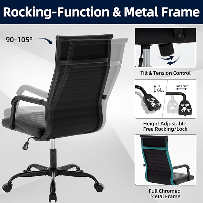 Office Chair Ergonomic Executive Conference Room Chairs Ribbed Leather Desk Chair with Lumbar Support Adjustable Height Mid-Back Swivel Chair with Padded Seat and Square Tube Armrests
