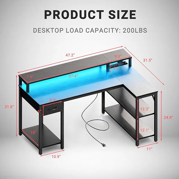 Simple Deluxe 47-inch L-Shaped Gaming Desk with LED Lights &amp Power Outlets Reversible Corner Computer Desk with Monitor Riser Drawer &amp Shelves for Home Office Black