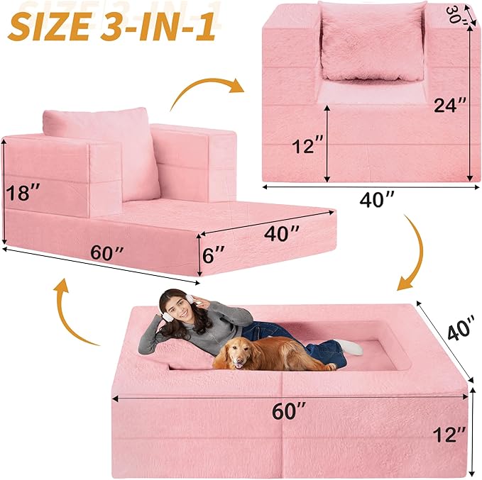 Futon Sofa Bed with Pillow 3-in-1 Sleeper Sofa Bed with Removable Cover Convertible Floor Sofa Bed No Assembly Boneless Couch for Living Room Bedroom