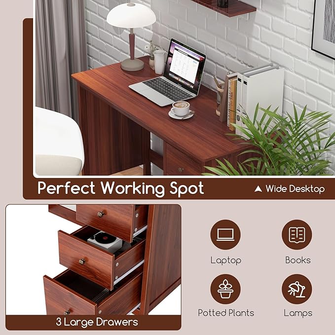Giantex Computer Desk with 3 Storage Drawers 48 Inch Home Office Desk with Spacious Desktop Anti-Toppling Device Multipurpose PC Laptop Desk Workstation Compact Study Writing Desk for Bedroom