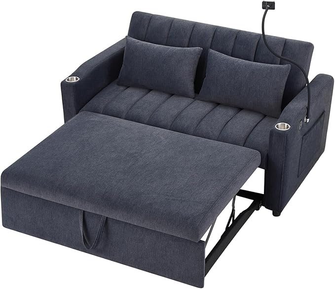 LUMISOL 3-in-1 Convertible Sleeper Sofa Bed 55.9 Loveseat Pull Out Bed with USB Ports Cup Holders Swivel Stand &amp Storage Pockets Modern Tufted Sofa Bed with Pillows Blue Grey