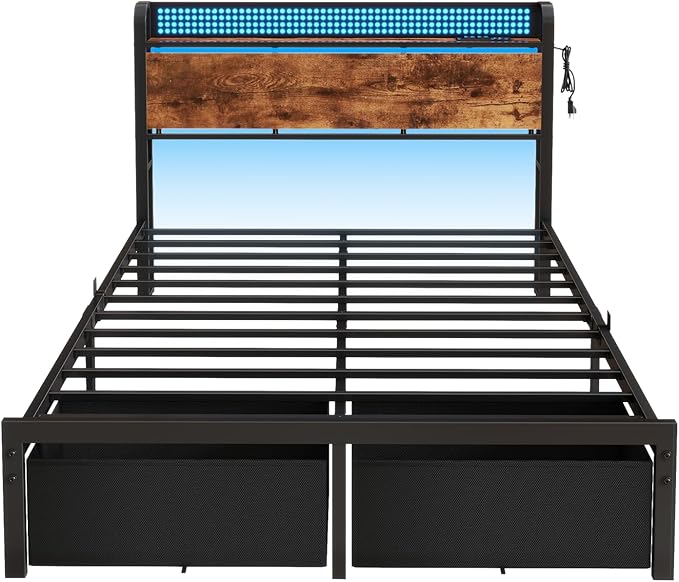 Furnulem Full Size Bed Frame with Headboard Storage Platform Bed Frame Full Size with 2 Drawers Charging Station and LED Lights No Box Spring Needed Noise Free Easy Assembly (1000 lbs Capacity)