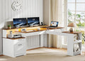 Farmhouse 63 L Shaped Standing Desk Corner Computer Desk with Drawers Office Desk with File Drawers with RGB Lighting &amp Charging Station Monitor Stand and Storage Shelves White and Walnut