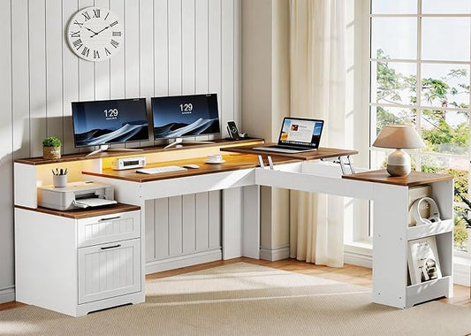 Farmhouse 63 L Shaped Standing Desk Corner Computer Desk with Drawers Office Desk with File Drawers with RGB Lighting &amp Charging Station Monitor Stand and Storage Shelves White and Walnut