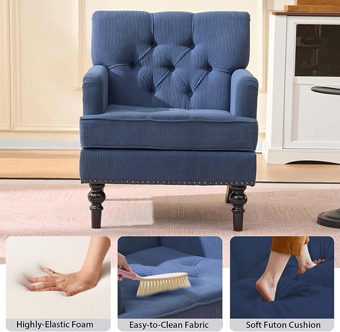 Mid Century Modern Accent Chair Upholstered Armchair for Adults with Button Linen Reading Chair with Studded and Rubber Wood Legs for Living Room Bedroom Apartment Office (Blue)