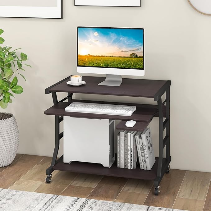 Tangkula Mobile Computer Desk with Keyboard Tray Portable Small Rolling Desk with Mouse Tray &amp Bottom Storage Shelf Rolling Laptop PC Desk Cart with Lockable Wheels for Small Space (Brown)