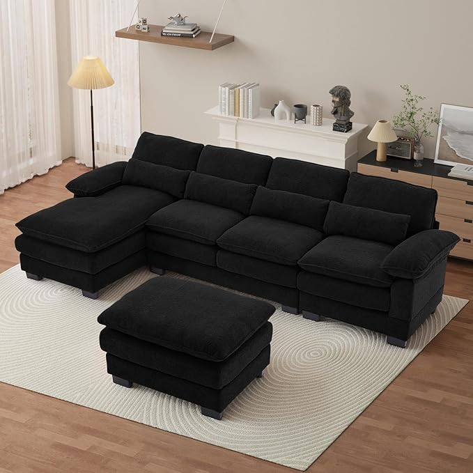 OUYESSIR 114 U Shape Sectional Cloud Couch with OttomanFluffy Sectional Couches for Living Room4 Seater Modular Sectionals SofaComfy Cloud Sofas &amp Couches with 4 PillowsBlack