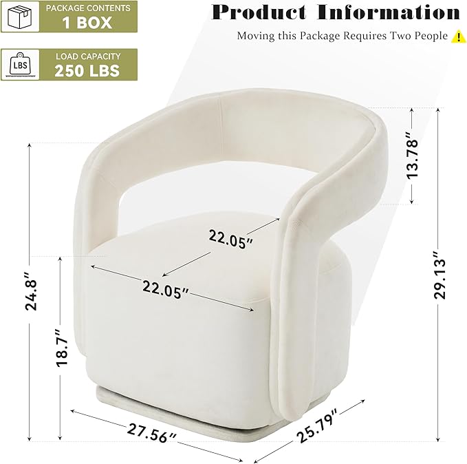 FOXHUNTER Swivel Accent Chair Modern Upholstered Barrel Chair Oversized Round Accent Armchair with Open Back Wooden Base for Living RoomChenil White