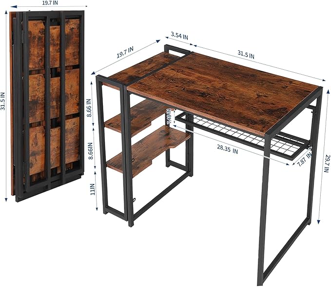 No Assembly Needed Space-Saving Folding Computer Desk with Storage Shelf – 35 Inch Sturdy Writing Table for Bedroom Home Office Dorm or Apartment – Brown