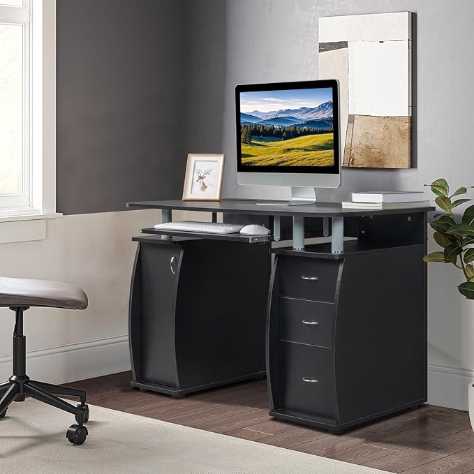 Karl home Computer Desk with Drawers &amp Storage Cabinet Small Office Desk PC Laptop Workstation for Home Studio Office Apartment Black