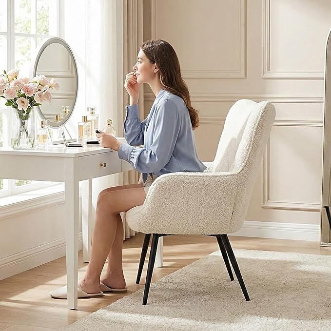 Mid-Century Modern Beige Sherpa Accent Chair Upholstered Armchair for Living Room/Bedroom/Reading Corner Curved Back &amp Padded Seat High-Density Cushion Soft Cozy FabricSet of 2