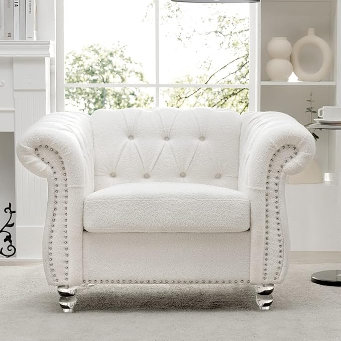 Modern Chesterfield Armchair Fabric Rolled Arm Tufted Back Accent Chairs Upholstery Nailhead Trim for Living Room Office (White)