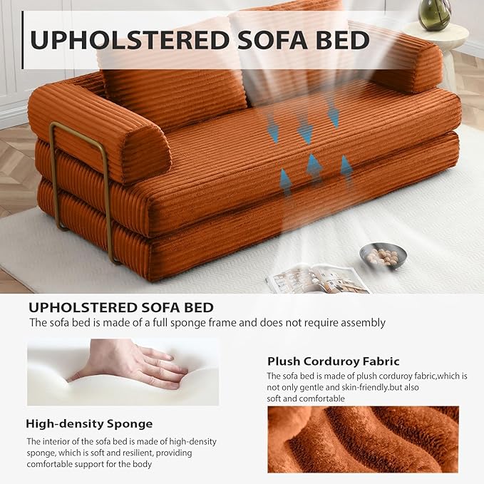 Convertible Folding Sofa Bed Modern Futon Sleeper Sofa Fold Out Couch Bed with Gold Fixed Frame Modular Floor Sofas Comfy Corduroy Boneless Couches for Living Room (80 Orange)